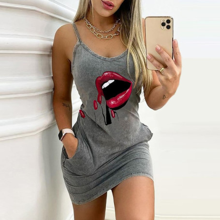 Sexy Straps Dress Women Summer Fashion Letter Print Pocket O Neck Sleeveless Party Dress Casual Slim Backless Ladies Mini Dress