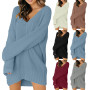 Plus Size Women Knitted Sweater Dress Autumn Solid Long Sleeve Casual V Neck Elegant Mini Dress Keep Warm Winter Clothes Vestido