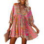 Popular Deep V Neck Mini Dress All Match Pleated Hem Women 3/4 Sleeve Print A-Line Tunic Dress Streetwear for Daily Wear