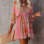 Popular Deep V Neck Mini Dress All Match Pleated Hem Women 3/4 Sleeve Print A-Line Tunic Dress Streetwear for Daily Wear