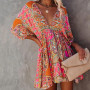 Popular Deep V Neck Mini Dress All Match Pleated Hem Women 3/4 Sleeve Print A-Line Tunic Dress Streetwear for Daily Wear