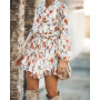 Spring/Autumn Flower Printed Women Mini Dress Fashion Stand Collar Lantern Sleeve Button Lace-Up Irregular Hem Sweet Lady Dress