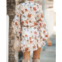 Spring/Autumn Flower Printed Women Mini Dress Fashion Stand Collar Lantern Sleeve Button Lace-Up Irregular Hem Sweet Lady Dress