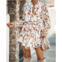 Spring/Autumn Flower Printed Women Mini Dress Fashion Stand Collar Lantern Sleeve Button Lace-Up Irregular Hem Sweet Lady Dress