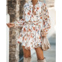 Spring/Autumn Flower Printed Women Mini Dress Fashion Stand Collar Lantern Sleeve Button Lace-Up Irregular Hem Sweet Lady Dress