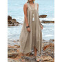 Summer Casual Solid Sleeveless V-Neck Long Dress Women Fashion Loose Backless Chic Lace-Up Dress Simple Linen Big Hem Dress