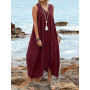 Summer Casual Solid Sleeveless V-Neck Long Dress Women Fashion Loose Backless Chic Lace-Up Dress Simple Linen Big Hem Dress