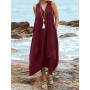 Summer Casual Solid Sleeveless V-Neck Long Dress Women Fashion Loose Backless Chic Lace-Up Dress Simple Linen Big Hem Dress