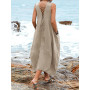 Summer Casual Solid Sleeveless V-Neck Long Dress Women Fashion Loose Backless Chic Lace-Up Dress Simple Linen Big Hem Dress