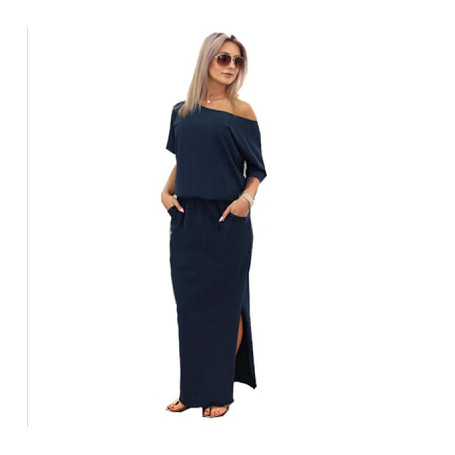 Hot Sale Women Boho Maxi Dress Sexy Summer Short Sleeve Side Slit Loose Evening Party Long Beach Dress with Pocket Vestidos