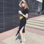 Summer Korean Style Midi Dress Women Casual Black Long Dresses Plus Size Short Sleeve Sexy Side Open Party Maxi T Shirt Dress