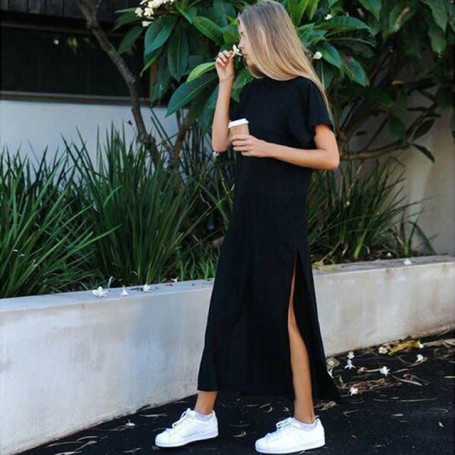 Summer Korean Style Midi Dress Women Casual Black Long Dresses Plus Size Short Sleeve Sexy Side Open Party Maxi T Shirt Dress