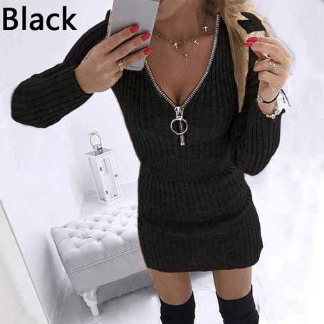 Women Autumn Dress Zipper Sexy Bodycon Jumper Knitting Dress Long Sleeve Solid Slim Sweater Dress Sexy Club Dress Pencil Dresses