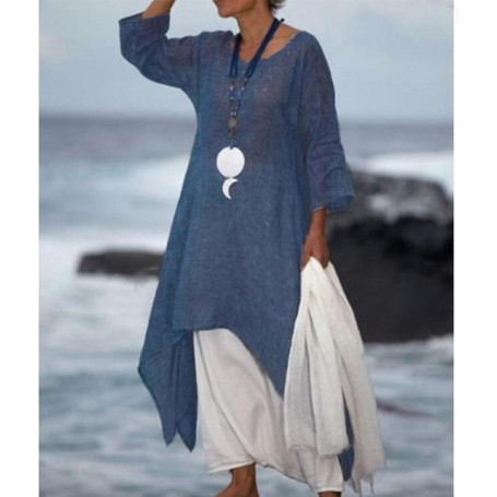 Women Fashion Irregular Leisure Loose Fitting Linen Shirt Tunic Pullover Blouse Baggy Tops Round Neck Comfy Dress