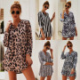 Leopard Snake Skin Print Dress Women Animal Print Mini Dress Sexy V-Neck Long Sleeve Dress Casual Women Dress Vestidos T Shirts