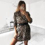 Leopard Snake Skin Print Dress Women Animal Print Mini Dress Sexy V-Neck Long Sleeve Dress Casual Women Dress Vestidos T Shirts