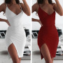 Women Deep V Neck Club Sexy Bodycon Dress Women Ruched Backless Cross Red Black Party Bandage Mini Summer Dress Vestidos