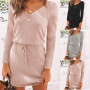 Women Casual Fashion Dress Long Sleeve Pink Black Gray Slit Mini Dress V Neck Spring Autumn Knitted 2022 Short Dresses Vestidos