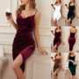 Women's Sleeveless Tank Sexy Strap Wrap Dress Women Solid Color Ruched Slit Party Cocktail Midi Dress Female Party Vestidos