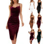 Women's Sleeveless Tank Sexy Strap Wrap Dress Women Solid Color Ruched Slit Party Cocktail Midi Dress Female Party Vestidos