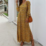 Maxi Dress Split Elegant 2022 Autumn Dress Vintage Femme Robe Retro Floral Printed Women Boho Dress Lantern Sleeve V-neck M0610