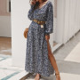 Maxi Dress Split Elegant 2022 Autumn Dress Vintage Femme Robe Retro Floral Printed Women Boho Dress Lantern Sleeve V-neck M0610