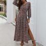 Maxi Dress Split Elegant 2022 Autumn Dress Vintage Femme Robe Retro Floral Printed Women Boho Dress Lantern Sleeve V-neck M0610