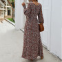 Maxi Dress Split Elegant 2022 Autumn Dress Vintage Femme Robe Retro Floral Printed Women Boho Dress Lantern Sleeve V-neck M0610