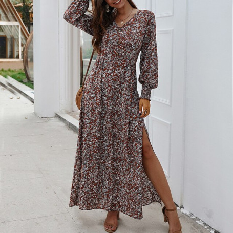 Maxi Dress Split Elegant 2022 Autumn Dress Vintage Femme Robe Retro Floral Printed Women Boho Dress Lantern Sleeve V-neck M0610