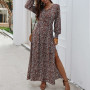 Maxi Dress Split Elegant 2022 Autumn Dress Vintage Femme Robe Retro Floral Printed Women Boho Dress Lantern Sleeve V-neck M0610