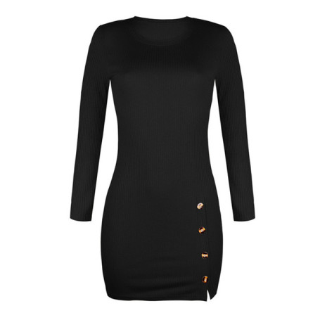 Women Sexy Fashion Side Split Dresses Package Hip Slim Button Charm Vestidos O-neck long-sleeved Mini Dress
