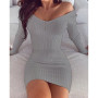 Spring Autumn New Women Dress Sexy V Neck Long Sleeves Skinny Dress Solid All Match Streetwear Clubwear Vestidos