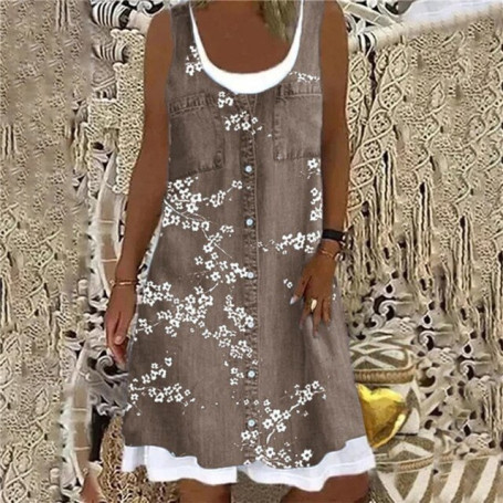 Vintage Floral Print A-Line Dress Women Summer New Casual Square Collar Sleeveless Mini Dress Ladies Fashion Loose Dresses