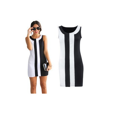 Summer Women's Sexy Dress Fashion Summer Black White Stitching Round Neck Sleeveless Sexy Office Dresses Vestidos
