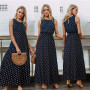 2022 Bobo Women Dark Blue Boho Loose Sleeveless Holiday Dot Print Long Maxi Dress Evening Party Beach Dresses Summer Sundress