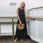 2022 Bobo Women Dark Blue Boho Loose Sleeveless Holiday Dot Print Long Maxi Dress Evening Party Beach Dresses Summer Sundress