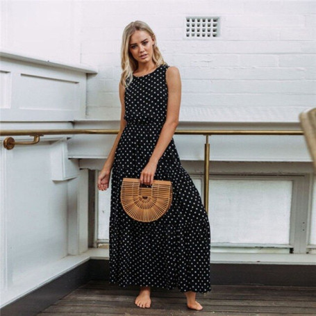 2022 Bobo Women Dark Blue Boho Loose Sleeveless Holiday Dot Print Long Maxi Dress Evening Party Beach Dresses Summer Sundress