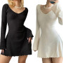 Women Sexy Knit Slim A-Line Dress Solid Color Ribbed Long Sleeve V-Neck Slim Fit Mini Dress for Party