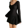 Women Sexy Knit Slim A-Line Dress Solid Color Ribbed Long Sleeve V-Neck Slim Fit Mini Dress for Party