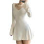 Women Sexy Knit Slim A-Line Dress Solid Color Ribbed Long Sleeve V-Neck Slim Fit Mini Dress for Party
