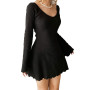 Women Sexy Knit Slim A-Line Dress Solid Color Ribbed Long Sleeve V-Neck Slim Fit Mini Dress for Party