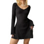 Women Sexy Knit Slim A-Line Dress Solid Color Ribbed Long Sleeve V-Neck Slim Fit Mini Dress for Party
