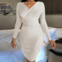 Lady Sexy Solid Wrap V Neck Ribbed Hip Package Dress Fashion Elegant Slim Fit Bodyon Party Dress Autumn Long Sleeve Knit Dress