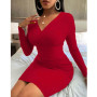 Lady Sexy Solid Wrap V Neck Ribbed Hip Package Dress Fashion Elegant Slim Fit Bodyon Party Dress Autumn Long Sleeve Knit Dress