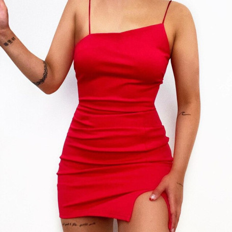 Women Slit Red Dresses Sexy Elegant Bodycon Spaghetti Strap Summer Backless Party Club Ladies Straps Mini Dress Vestidos