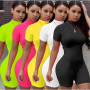 Fitness Women Streetwear Neon Bodysuit Women Mock Neck Short Sleeve Casual Playsuit High Elastic Sexy Tight Sports Overalls 2023