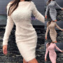 Women Dress Long Sleeve Solid Color Round Neck Tight Waist Slim Fit Autumn Winter Sweater Dress for Daily Wear