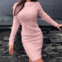 Women Dress Long Sleeve Solid Color Round Neck Tight Waist Slim Fit Autumn Winter Sweater Dress for Daily Wear