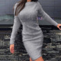 Women Dress Long Sleeve Solid Color Round Neck Tight Waist Slim Fit Autumn Winter Sweater Dress for Daily Wear