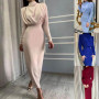 Dropshipping Lady Dress Solid Color Tight Waist Sexy Half High Collar Ankle Length Sheath Dress for Party